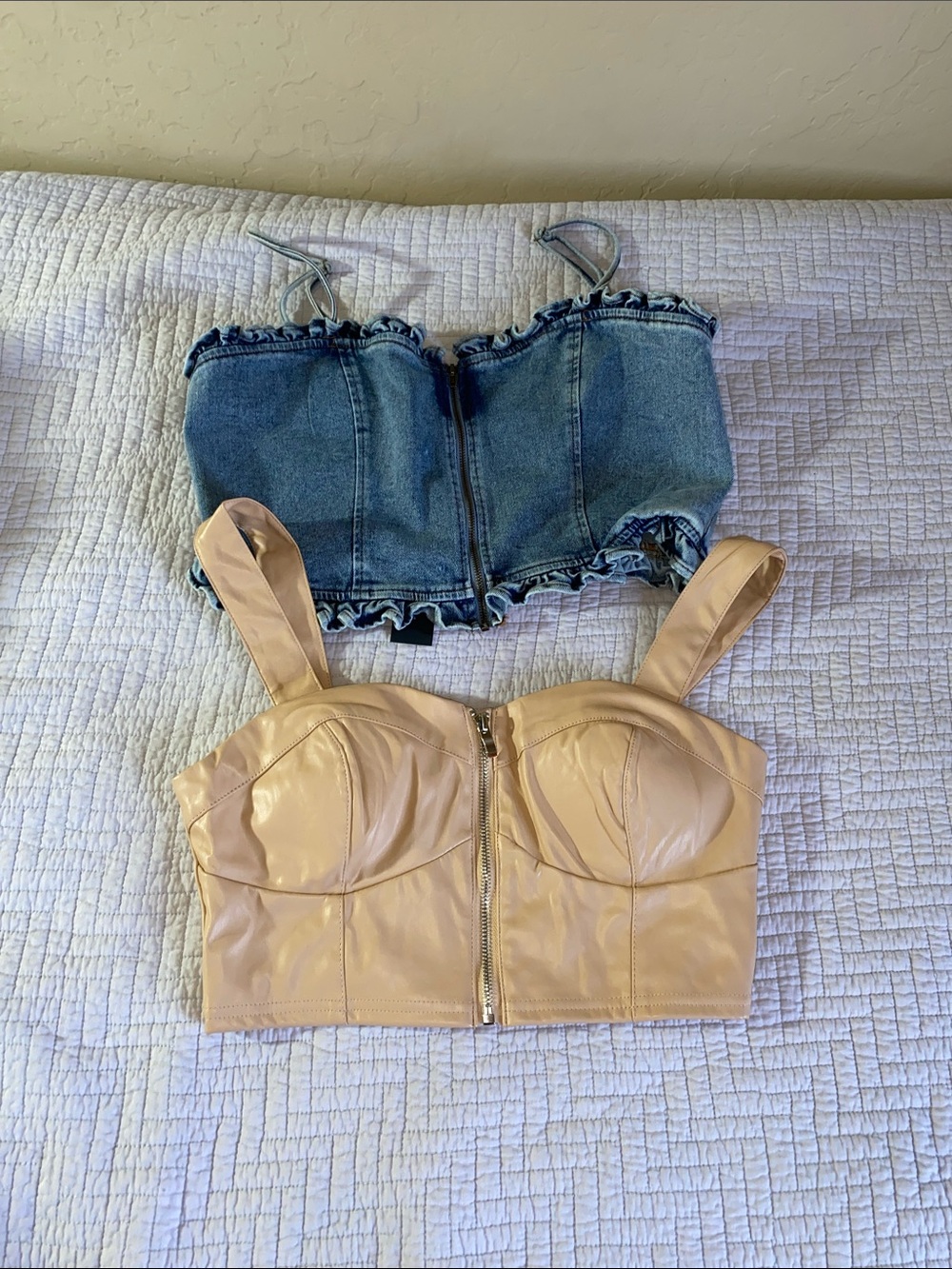 Beige Faux-Leather Bustier Crop Top with Front Zip